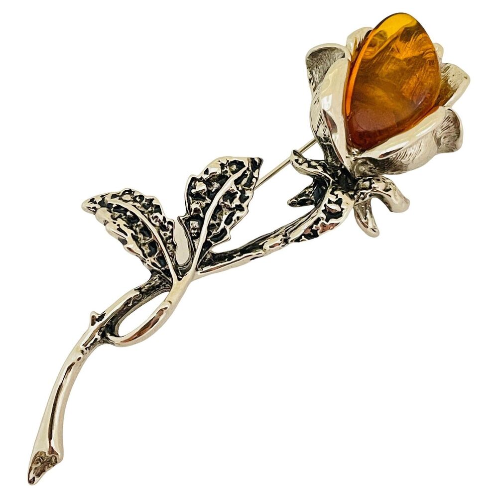 Vintage silver tone glass amber rose flower designer brooch